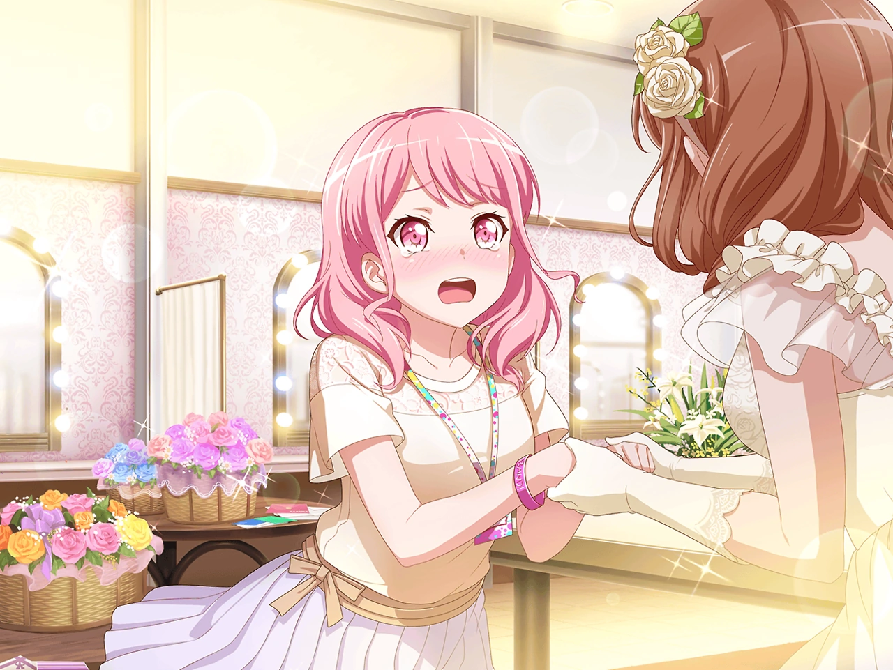 A CG of Aya tearfully holding hands with her idol.