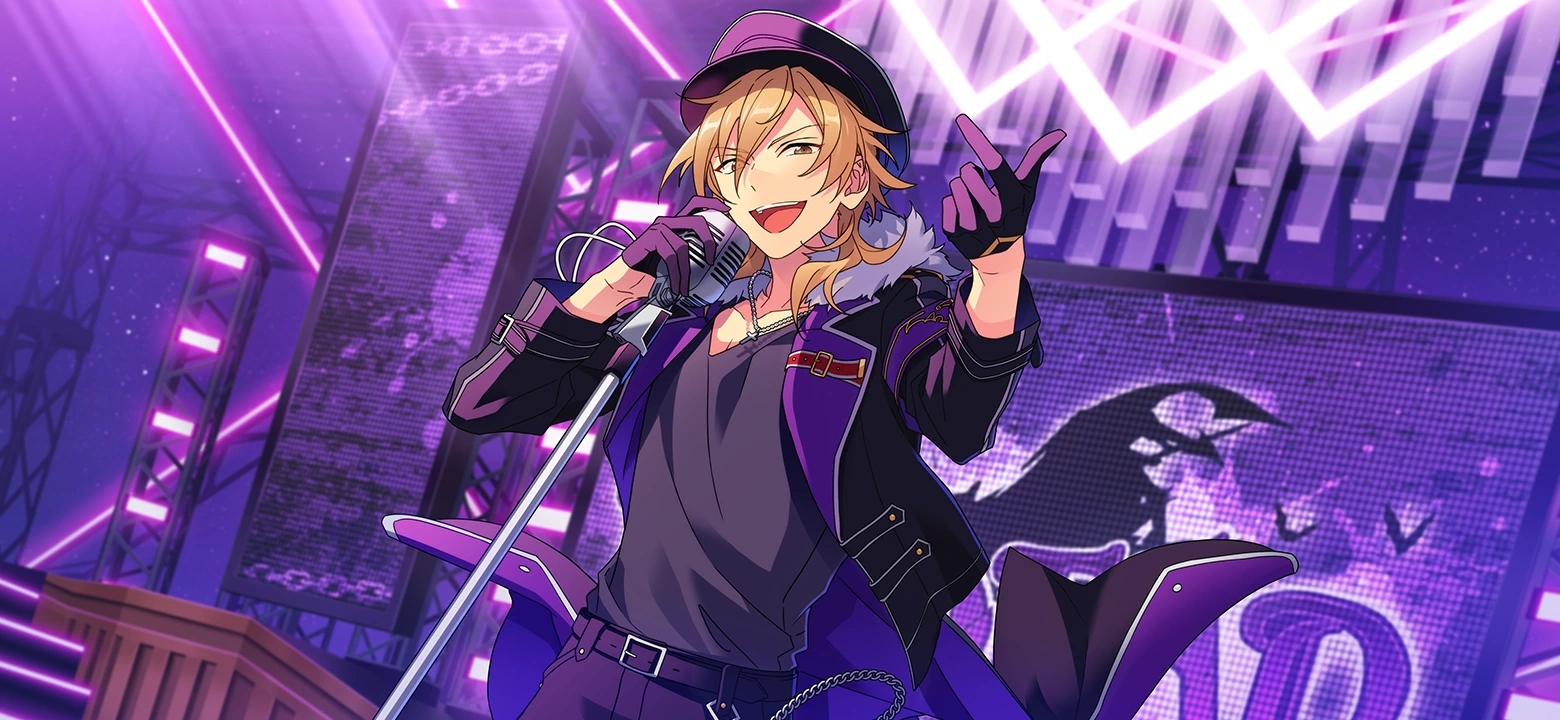 A CG of Kaoru, a blonde man in dark clothes, holding a standing mic on-stage.