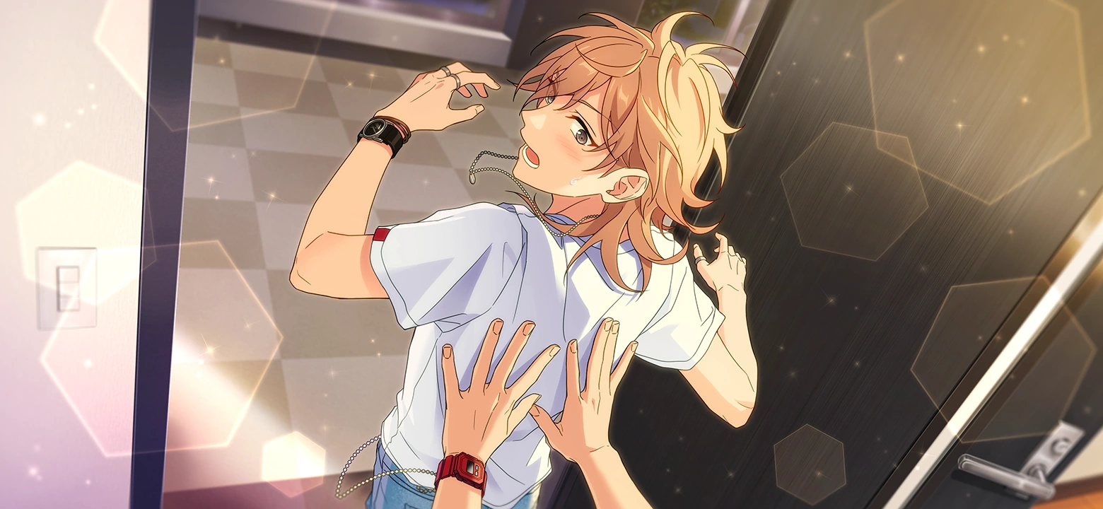 A CG of Kaoru being pushed by someone off-screen and looking surprised.