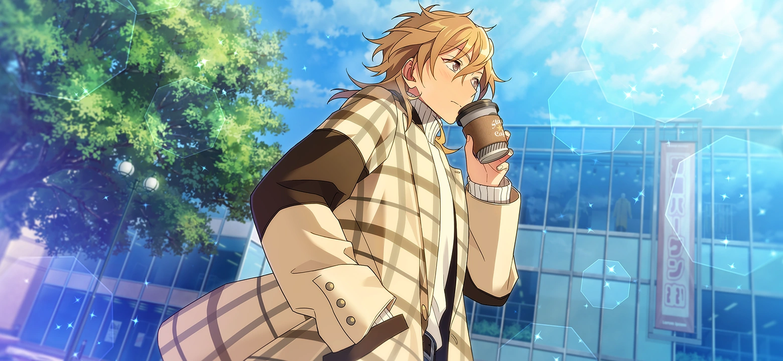 Kaoru in his winter outfit, walking down the street and drinking a coffee.
