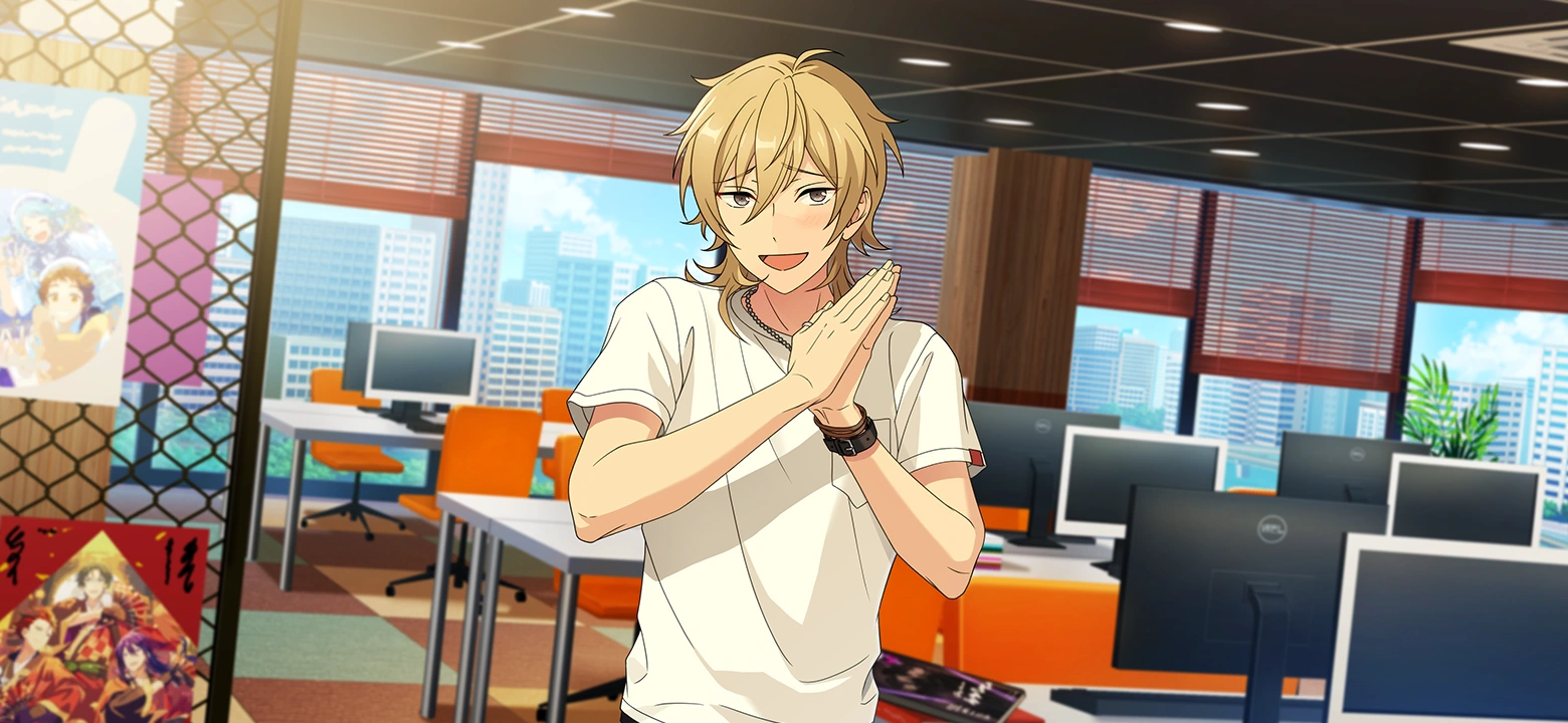 Kaoru putting his hands together and pleading with a bashful expression.