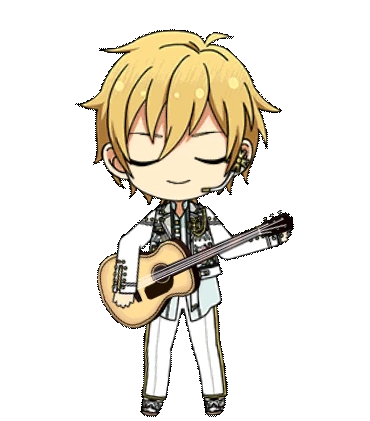 An animation of chibi Kaoru playing a guitar and handing the viewer a bouquet of flowers.
