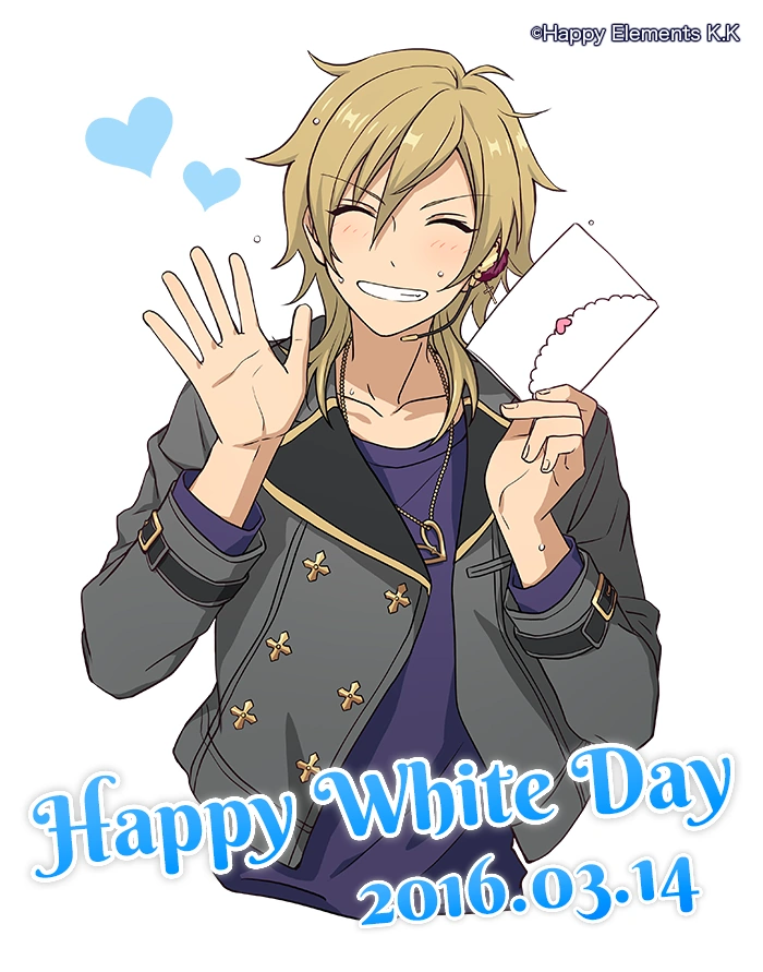 Kaoru holding an envelope while grinning and blushing. There is overlaid text that reads, Happy White Day 2016.03.14.