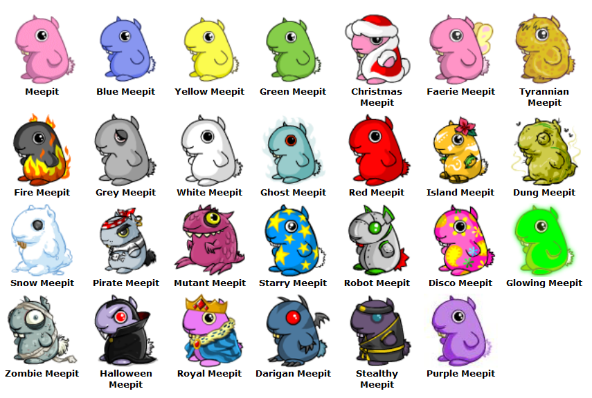A collection of all the Meepit colors.