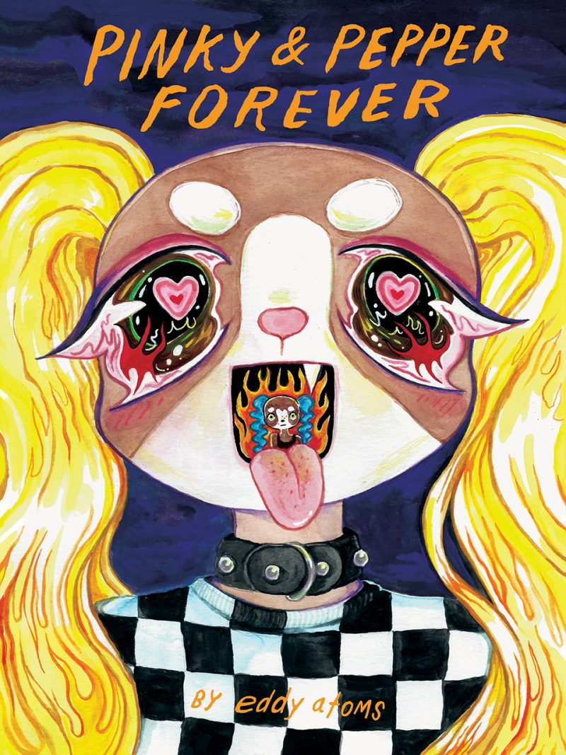 The cover of Pinky & Pepper Forever, with a colorful and wide-eyed Pinky in the center and Pepper in her open mouth.