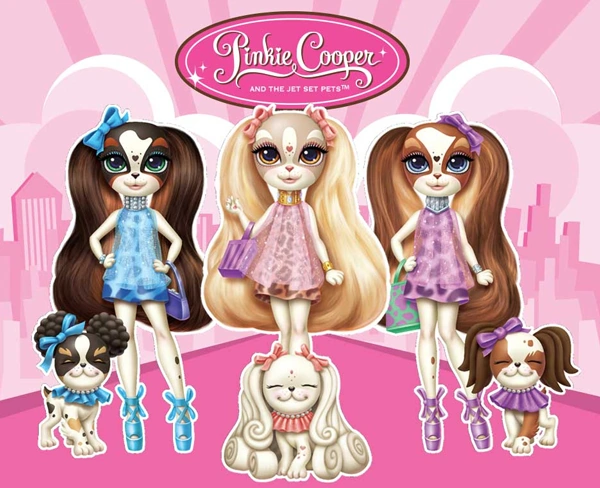 A promotional illustration of the three Pinkie Cooper dolls and their dogs. The dolls have long brown or blonde hair and sparkly dresses.
