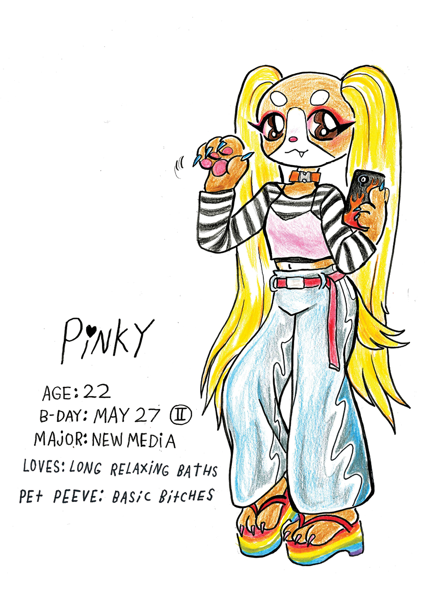 Pinky poses on the right with her description on the left. The text reads: Pinky. Age: 22. B-day: May 27. Major: New Media. Loves: Long relaxing baths. Pet peeve: Basic bitches.