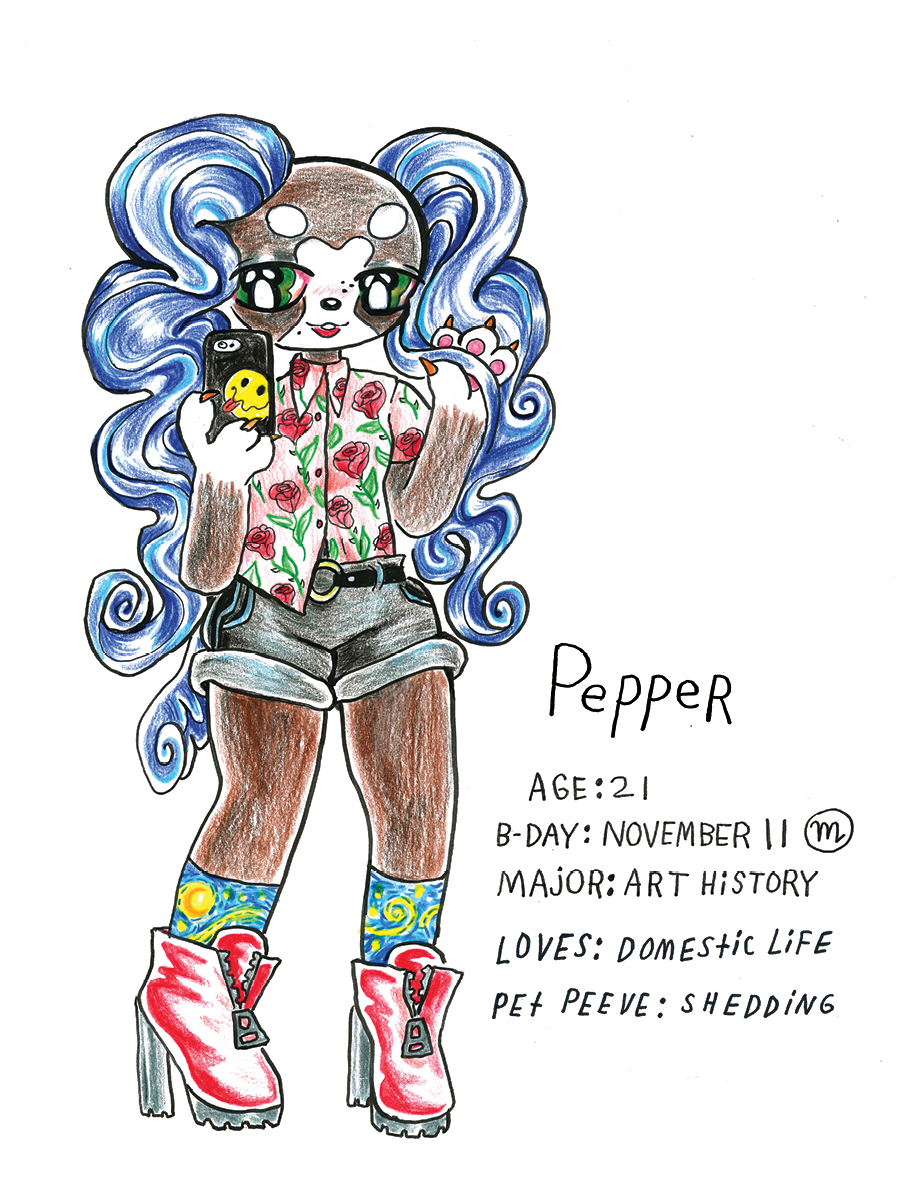 Pepper poses on the left with her description on the right. The text reads: Pepper. Age: 21. B-day: November 11. Major: Art History. Loves: Domestic life. Pet peeve: Shedding.