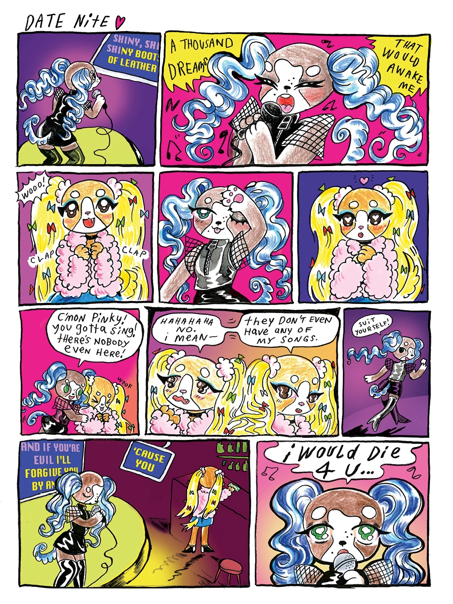 A comic page titled: Date Nite, with Pepper doing karaoke and Pinky watching on. Pepper proclaims at the end: I would die 4 U...