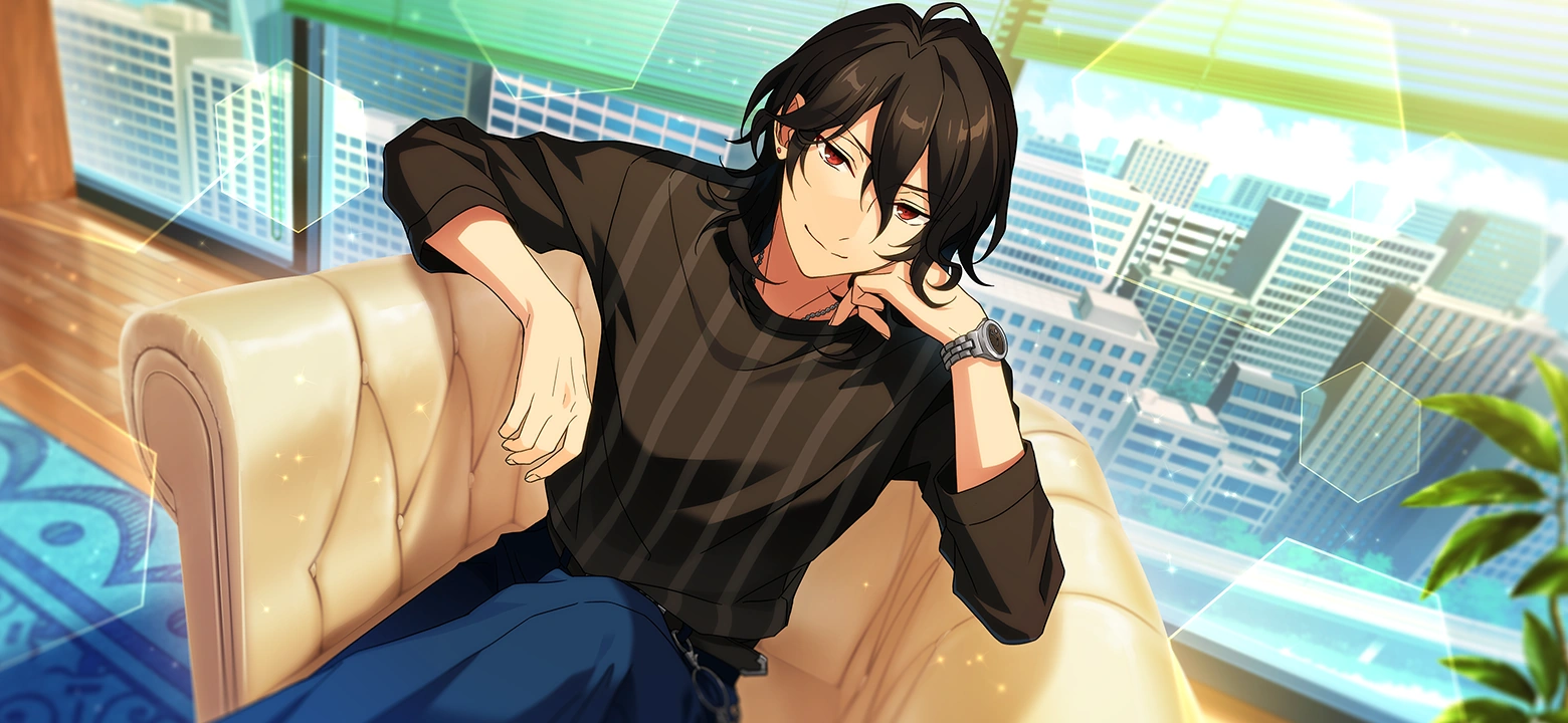 A CG of Rei sitting in a chair and smiling at the camera.