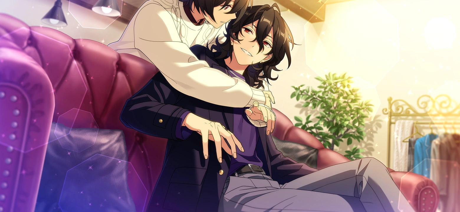 Rei sitting and being hugged from behind by Ritsu, who looks shocked.