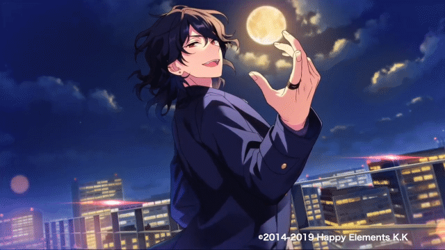 A gif of rei smiling and looking at the night sky.