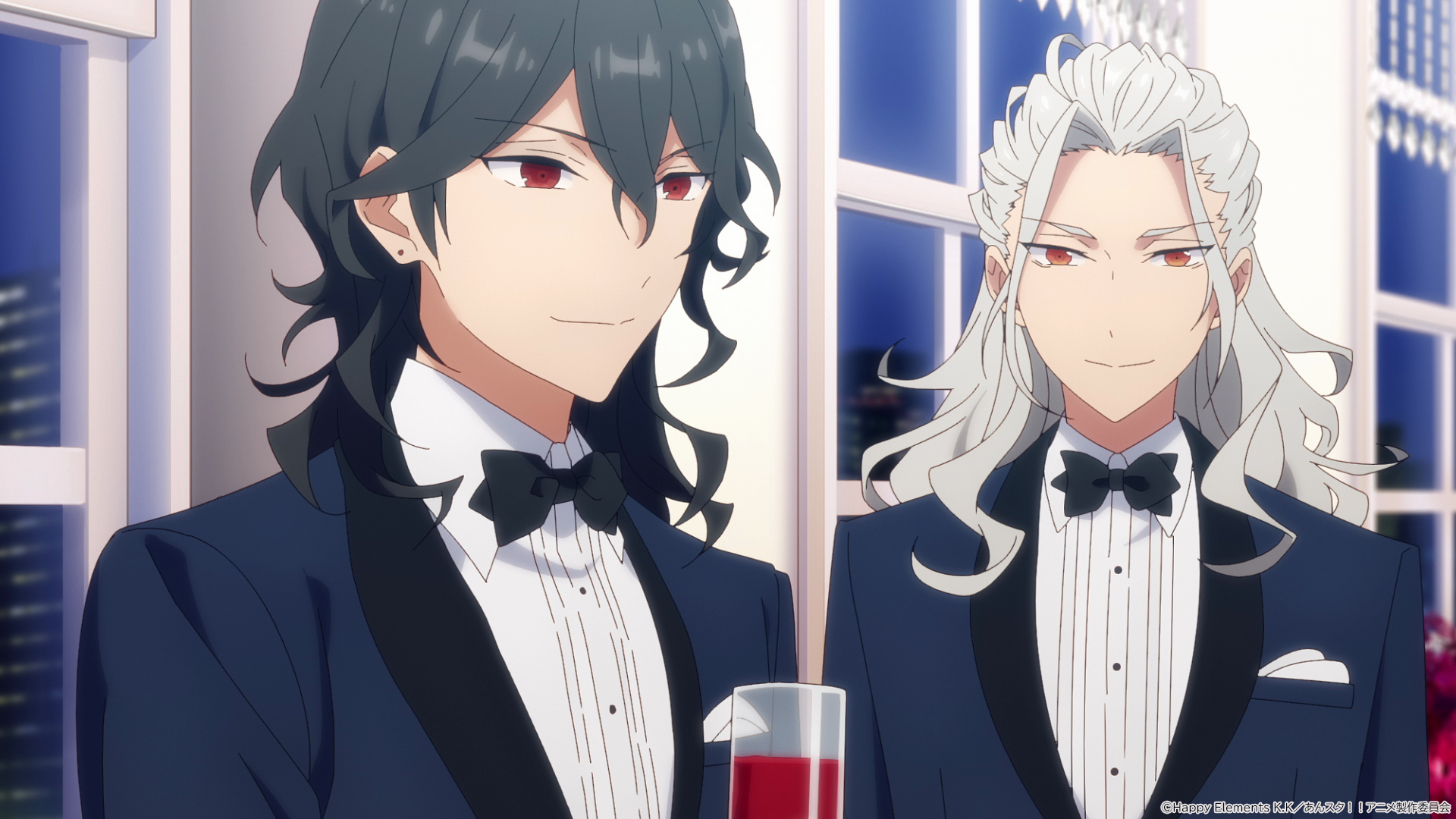 Rei and Nagisa in suits, with Rei drinking something red in a wine glass.