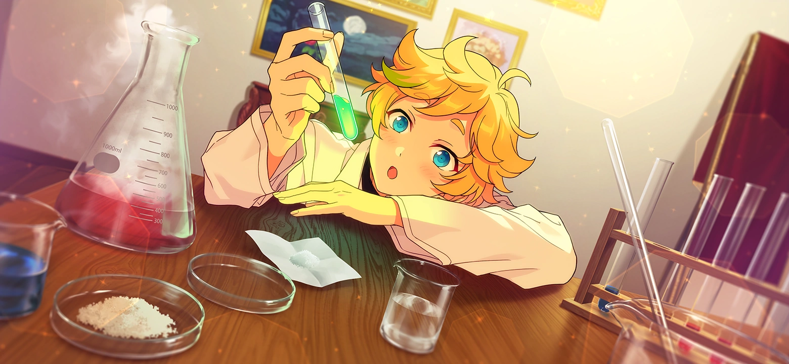 A CG of Sora leaning on a desk and gazing at a green, glowing flask.